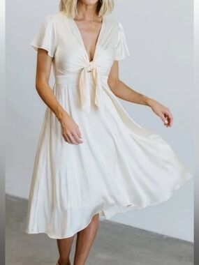 Baltic Born Poppy Elegant satin cutout tie ivory cream midi dress size large